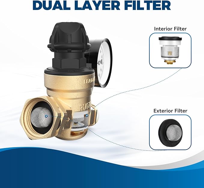 RVGUARD RV Water Pressure Regulator Valve With An Adjustable Knob, Tool-Free, CSA Approved, Lead-Free Brass Water Pressure Reducer with Gauge and Inlet Screen Filter for RV Camper Travel Trailer