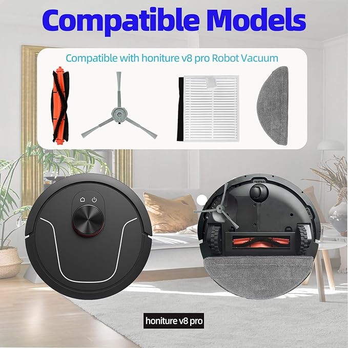 Replacement Parts Accessories Kit Compatible with Honiture V8 Pro Robot Vacuum Cleaner 1 Main Brush, 6 Side Brushes, 4 Hepa Filters, 4 Mop Pad - AquaVibe