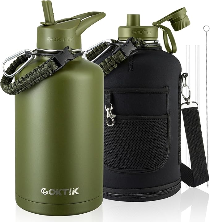COKTIK 64oz Insulated Water Bottle - Stainless Steel Vacuum Metal, Portable ½ Gallon Large-Capacity Sports Bottle with Straw, Carry Bag and Handle Strap, Ideal for Gym & Hiking(Army Green)