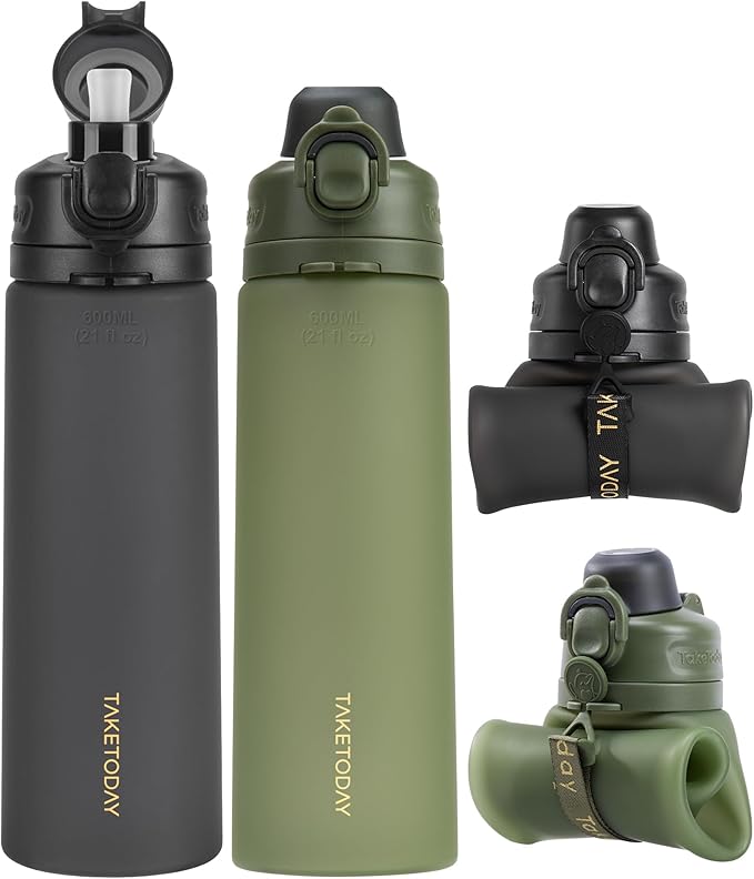 TakeToday Collapsible Water Bottles 20oz (600mL), Foldable Platinum Silicone Travel Water Bottle with Straw & Carry Strap, Leak-Resistant Screw Lid, Wide Mouth, BPA-Free for Hiking, Camping, Travel