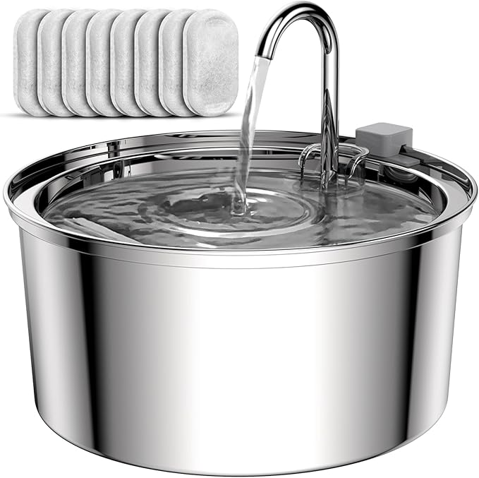 Tomxcute Cat Water Fountain, 3.2L/108oz Automatic Stainless Steel Pet Fountain Dog Water Dispenser, Ultra-Quiet Pump and 3 Replacement Filters & for Cats, Dogs, Multiple Pets