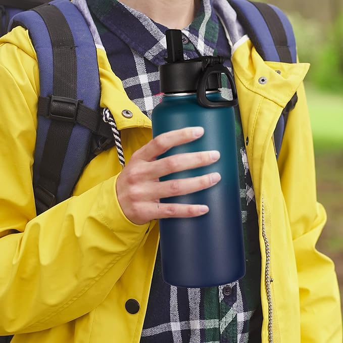 Volhoply 32 oz Water Bottles Bulk 2 Pack with Straw Lid & Spout Lid,Insulated Sports Water Bottle,Double Wall Vacuum Stainless Steel Cups,Leakproof Wide Mouth Metal Flask for Travel(Dark Night,2)