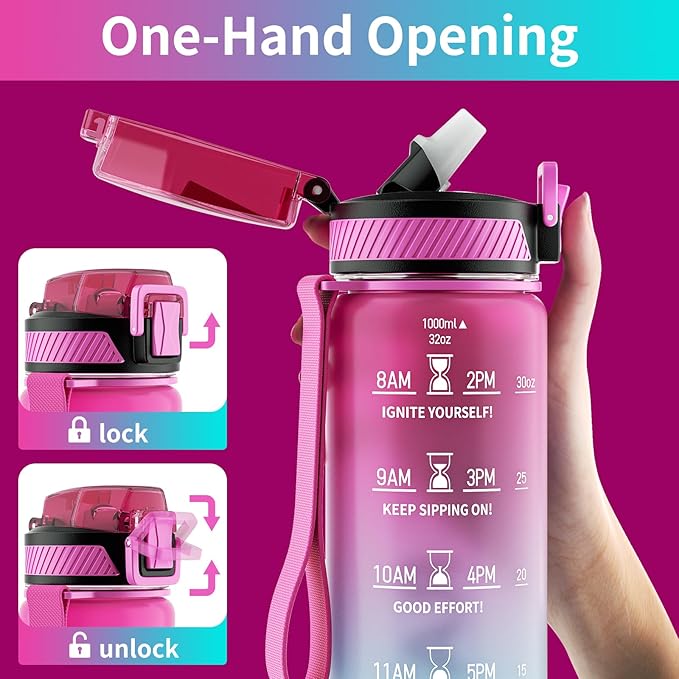 Water Bottle with Straw, 32oz Motivational Water Bottles with Time Marker to Drink, Tritan BPA Free, 1L Sports Water Bottle with Carry Strap LeakProof for Women Gym Fitness Outdoor (1 Pack)