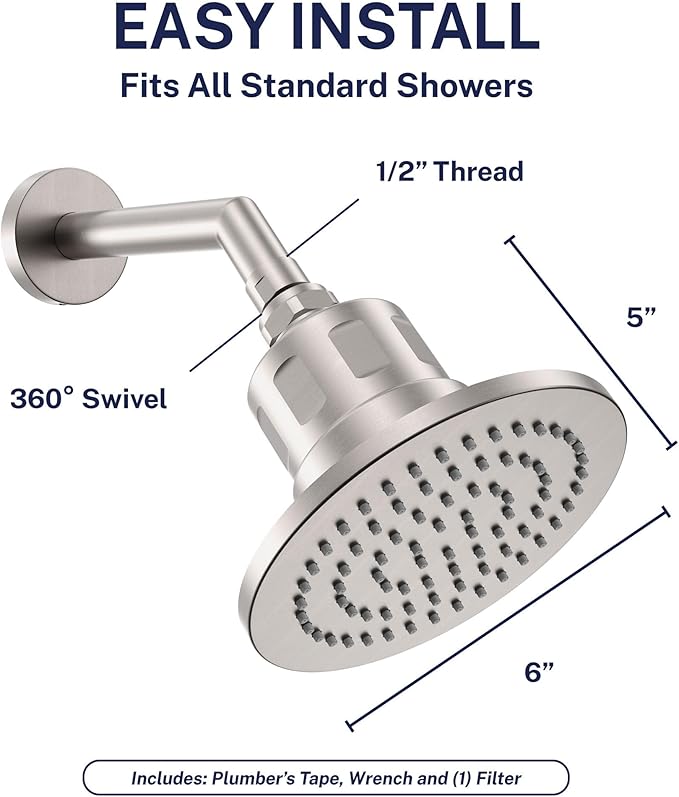Gillian™ by HammerHead High Pressure Shower Head with Filter – Genuine KDF-55 Metal Hard Water Filtering Shower Head, Healthier Skin & Hair – 6-Inch Rainfall Shower Head with Filters, Brushed Nickel