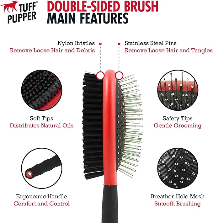 Tuff Pupper Double Sided Dog Brush, Detangling Tool for Dogs and Cats, Pin & Bristle Pet Brush, for and Hair Types, With Comfort-Grip Anti-Slip Handle, Brown, Black, White - AquaVibe