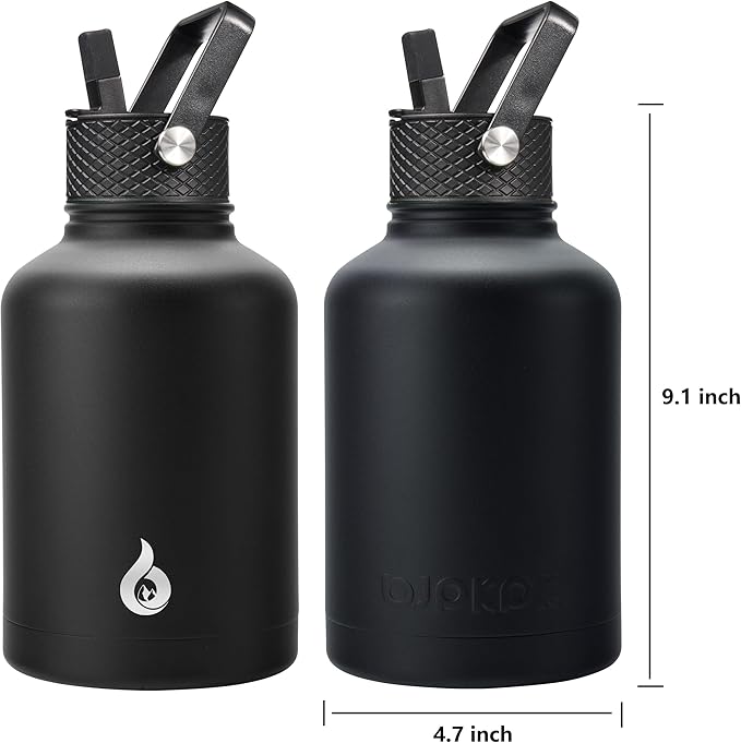 BJPKPK Insulated Water Bottles with Straw Lid, 50oz Large Water Jug, Stainless Steel Vacuum Bottles, Hot & Cold Thermo with 3 Lids and Paracord Handle, Black