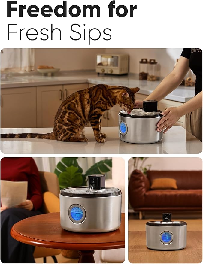 FUKUMARU Wireless Cat Water Fountain Stainless Steel, 152oz/4.5L Battery Operated Dog Water Dispenser, Cordless Automatic Pet Fountain with 3 Modes and Motion Sensor, Ultra Quiet & Easy to Clean