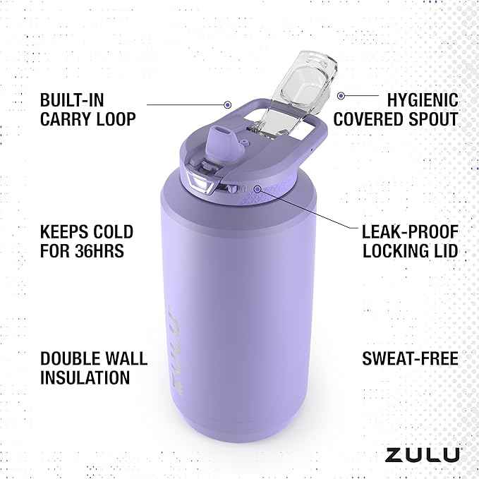 ZULU Goals Vacuum Insulated Large Capacity Stainless Steel Water Bottle | Reusable Jug Thermoses with Carry Handle | Leak-Proof Lid | Perfect for Travel, Workout, Gym, Hiking, Camping | 64oz, 101oz