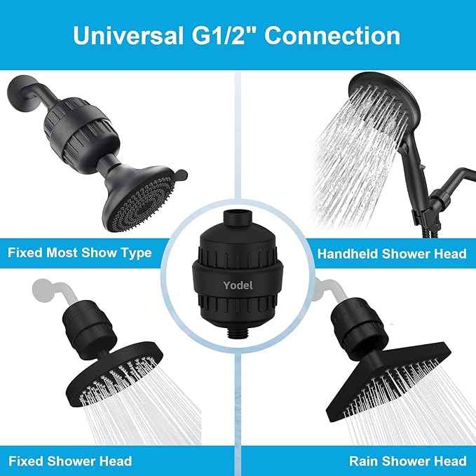 Yodel Shower Filter with 6 Cartridge Matte Black - Hard Water Softener, 99% Removes Chlorine & Impurities, Improves Skin & Hair Condition, Universal Fit for Shower Heads