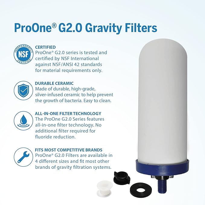 ProOne Big+ Gravity Water Filter System High Capacity Countertop Stainless Steel Water Filter Dispenser IAPMO Certified to Reduce Lead, Total PFAS, Microplastics, Chlorine Taste & Odor, 2 Pack Filter