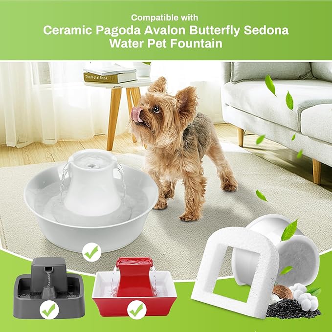 6 Pack Cat Fountain Replacement Carbon Filters, 6 Pcs Water Fountain Filters & 6 Pcs Replacement Foam for Ceramic and Stainless Steel Pet Fountains Automatic Water Bowl Filters with Pre-Filter Foam