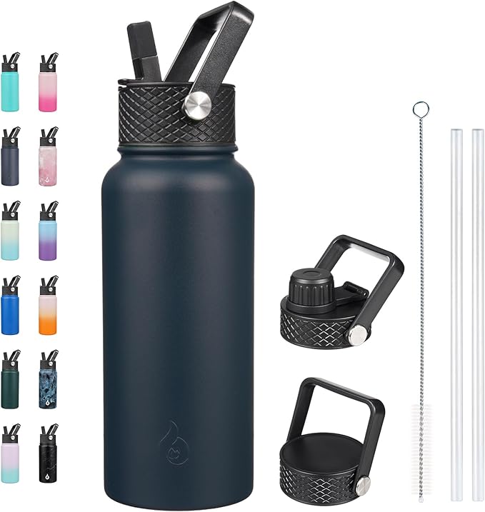 BJPKPK Insulated Water Bottles with Straw Lid, 32oz Metal Large Water Bottle with 3 Lids, Reusable Leak Proof BPA Free Thermo, Stainless Steel Tumblers for Sports, Gym, Travel-Navy Blue