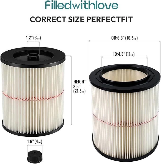 2 Pack 17816 9-17816 Red Stripe Vacuum Cartridge Filter Compatible Wet/Dry Vacuum Models 5, 6, 8, 12, and 16 32 Gal. Vacuums produced since 1988 8.5 Inches- White/Red - AquaVibe