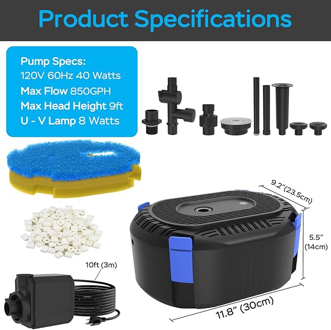 AquaMiracle All-in-One Pond Fountain Kit with Automatic Colorful LED for Outdoor Ponds 500-750 Gal, 850GPH Koi Pond Filter Pump with U - V Light to Tackle Green Water Al-gae, with 3 Spray Patterns