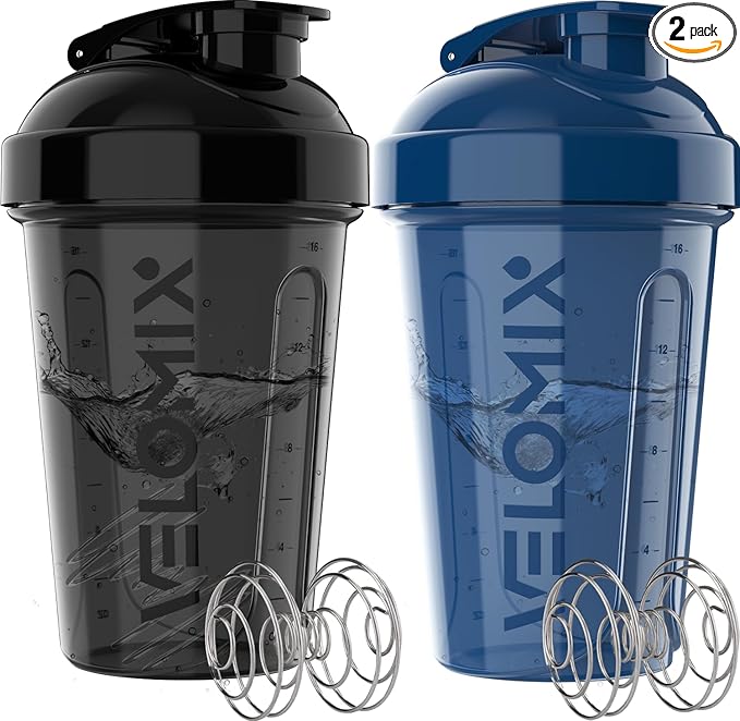 VELOMIX -2 Pack- 20 oz Protein Shaker Bottles for Protein Mixes - 2x Wire Whisk | Leak Proof Shaker Cups for Protein Shakes and Pre Workout | Protein Shaker Bottle Pack (Blue/Black)
