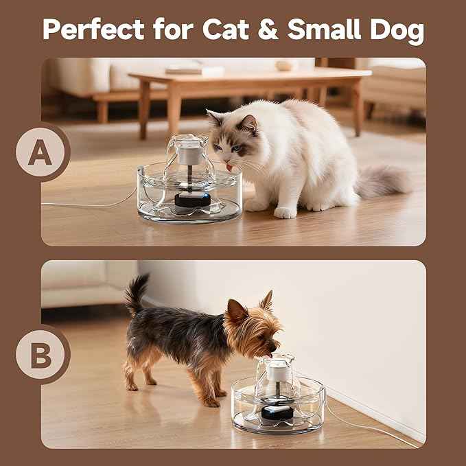 Glass Cat Water Fountain, 2.7L/91 oz Ultra-Quiet Pet Fountain, Automatic Water Dispenser for Cats & Small Dogs, Spill-Resistant Pet Water Bowl, BPA-Free, Includes 2 Filters, Effortless to Clean
