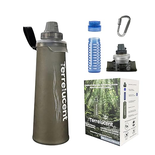 750ML Collapsible Water Bottle with Filter, Squeeze Filtered Water Bottle, BPA-Free, Dual Filtration, Ultralight Water Filter System for Hiking, Camping, Backpacking (Gray, 25.4 OZ)