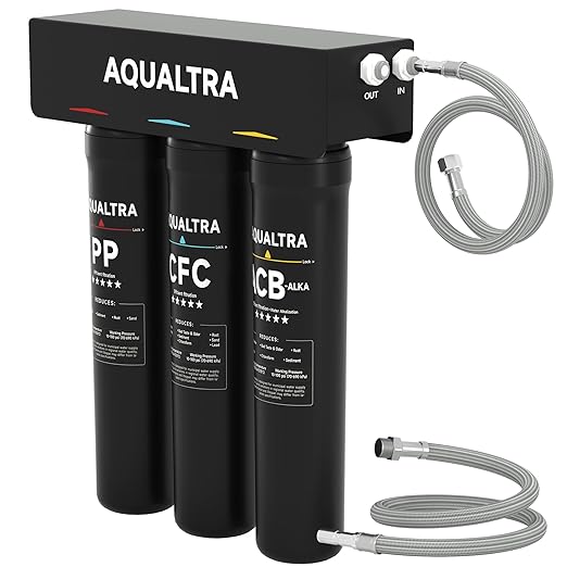AQUALTRA USF-3B-15 Slightly Alkaline Under Sink Water Filtration System, 8K-40K Gallons Under-Sink Water Filter, 0.5 μm Carbon Fiber Filter Reduces Chlorine, Chloramine, Fluoride, Bad Taste & Odor