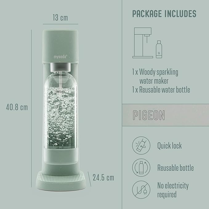 Woody Sparkling Water Maker - Silent Carbonated Water Machine Made of Renewable Wood Composite and 1L Water Bottle - Without CO2 Cylinder - Seltzer Maker Machine - Colour Sage Green