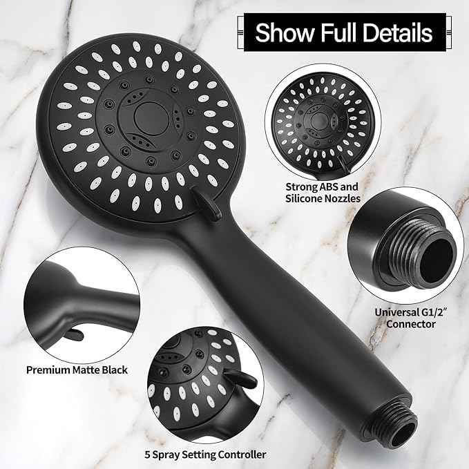 Shower Head with Handheld, Briout 5-Settings Showerhead High Pressure Powerful Water Spray Shower Head with Stainless Steel Hose and Adjustable Mount, Matte Black
