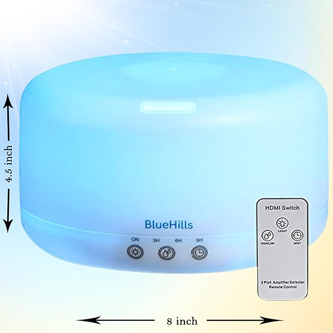BlueHills Premium 1000 ML XL Essential Oil Diffuser Aromatherapy Humidifier with Remote for Large Room Home 18 Hour Run Huge Coverage Area 1 Liter Mood Lights Extra Large Capacity White D001