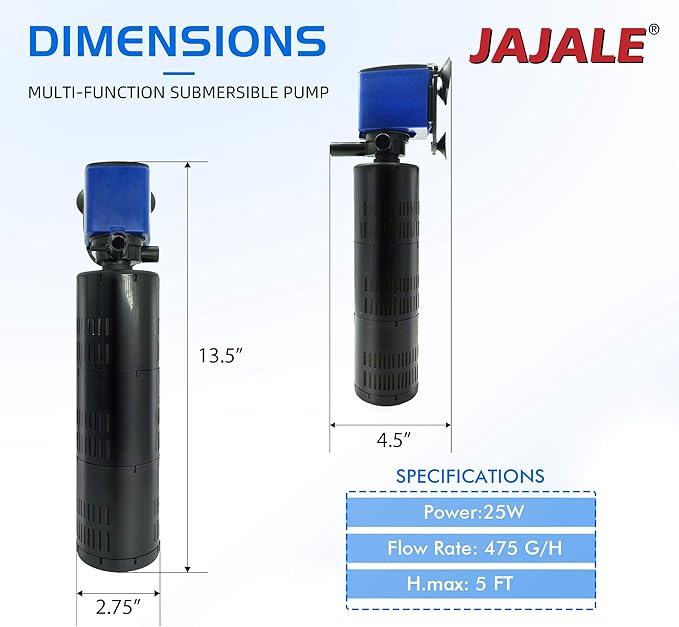475 GPH Internal Filter Submersible Pump - 3 in 1 Aquarium Fish Tank Pump with Oxygenation, Filtration & Water Cycling, 5 ft max lift, 25W - 2 Pack
