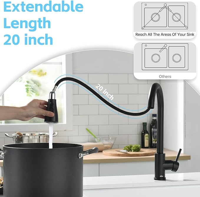 APPASO Black Kitchen Faucet with Soap Dispenser, Matte Black S304 Stainless Steel Modern Sink Faucets with Pull Down Sprayer 3 Modes, High Arc Single Handle Non Leakage, Easy to Install