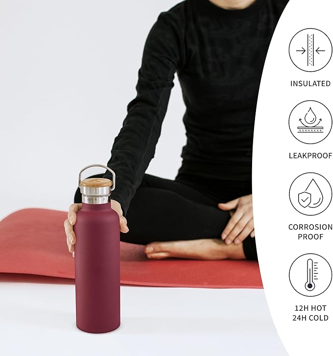 Bambaw 16 oz Water Bottle Insulated, Reusable Stainless Steel Water Bottle with Wide Mouth That Fits Tea Infusers, Made of High-Grade Stainless Steel, Durable & Easy to Clean (Red Berry)