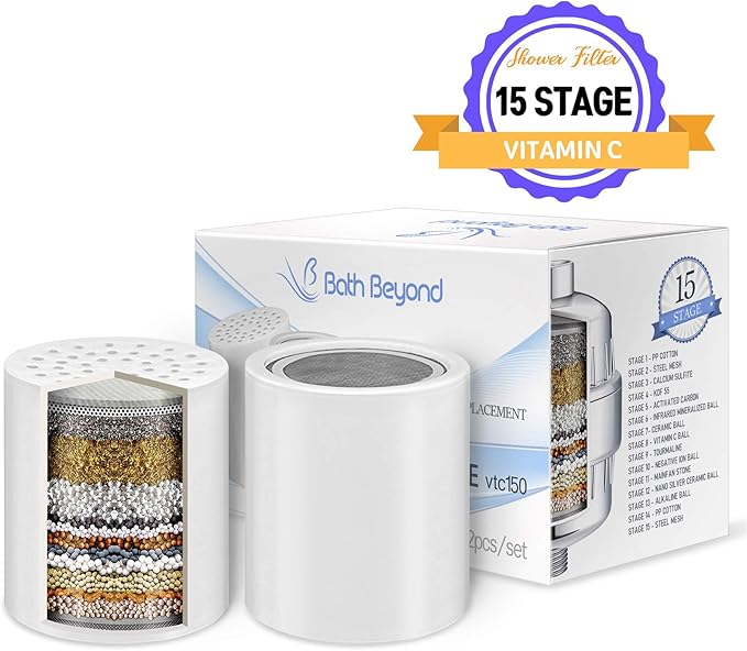 Bath Beyond 15-Stage Shower Filter Replacement Cartridge (Pack of 2) Shower Filter w/Vitamin C for Hard Water - Shower Water Filter Removes Chlorine Fluoride/Improves Condition of Your Skin, Hair