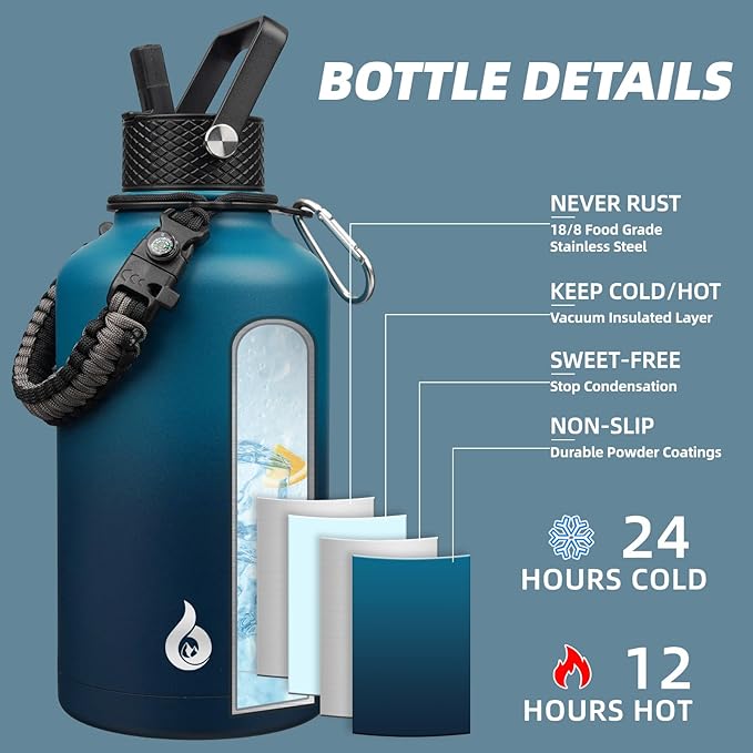 BJPKPK Half Gallon Insulated Water Bottles with 3 Lids and Paracord Strap, 64oz Large, Stainless Steel Water Bottles with Straw Lid, Half Gallon Water Jug,Vast