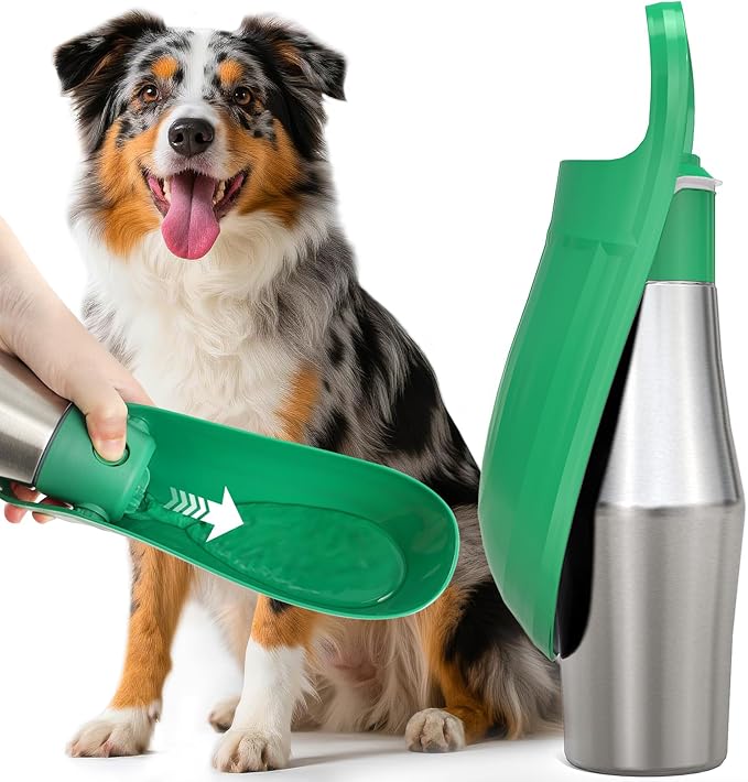 Stainless Steel Dog Water Bottle - 27 oz Portable Travel Dog Bottle & Bowl, Leak Proof Stainless Steel Metal Pet Water Bowl Dispenser for Camping, Hiking, Traveling, Walking (27oz, Green) - AquaVibe