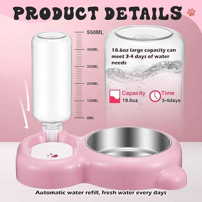 Pink Cat Food and Water Bowl and Non-Slip Silicone Mat Set Stainless Steel Food Bowl with 18.6oz Large Capacity Water Dispenser for Cats and Small Dogs