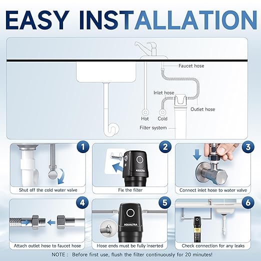 AQUALTRA USF01-BK Under Sink Water Filter System, 12K Gallons, NSF/ANSI 372 Certified, 0.5 μm Carbon Fiber Filter Reduces PFAS (PFOA/PFOS), Chlorine, Lead, Chloramine, Fluoride, Bad Taste & Odor
