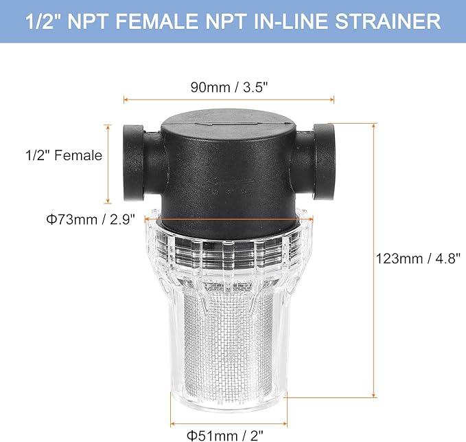 uxcell Pressure Washer Filter 1/2" NPT Female Thread, Inline Mesh Strainer Attachment, Stainless Steel Screen with Sealant Tape for Outdoor Gardening Inlet Water (Size:20 Mesh) - AquaVibe