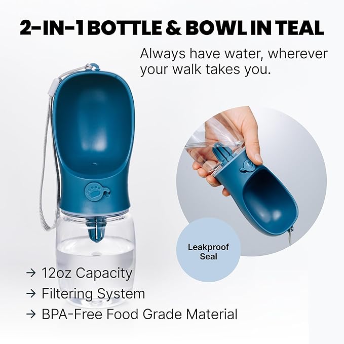MalsiPree Walking Set with Retractable Dog Leash, Poop Bag Holder, Leak Proof 12 Oz Dog Water Bottle, Flashlight & 20 Poop Bags - 9.8ft Leash Retractable for Small to Medium Pet (Sand & Teal, 12 Oz) - AquaVibe
