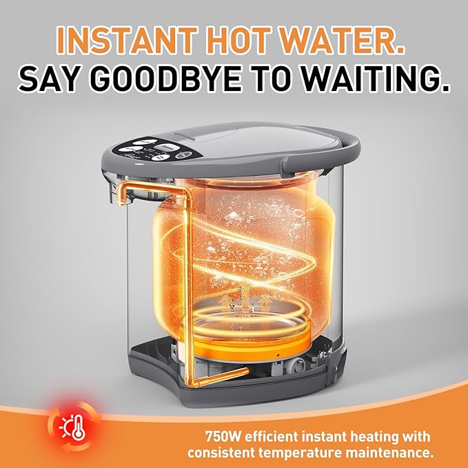 Rosewill Electric Water Boiler and Warmer - 5L/5.3 Qt Stainless Steel Hot Water Dispenser w/Rotating Base, Keep Warm Temperature Set, Auto Shut Off, Safety Lock - Gray