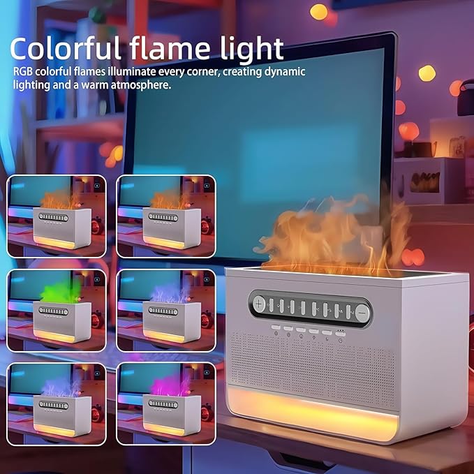Speaker with 8 White Noise, 7 Colors Flame Diffuser Humidifer for Home Office, 8 White Noise Effect, Timing Essential Oil Diffusers Ideal Gift