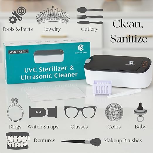 UV-C Ultrasonic Cleaner, 46KHz Portable Jewelry Cleaner, 18Oz, Clean Pod Glasses Cleaner Sterilizer Machine Cleaning Sets, Sonic Cleaner for Jewelry Necklace Glasses Watch Denture Aligner Bracelets