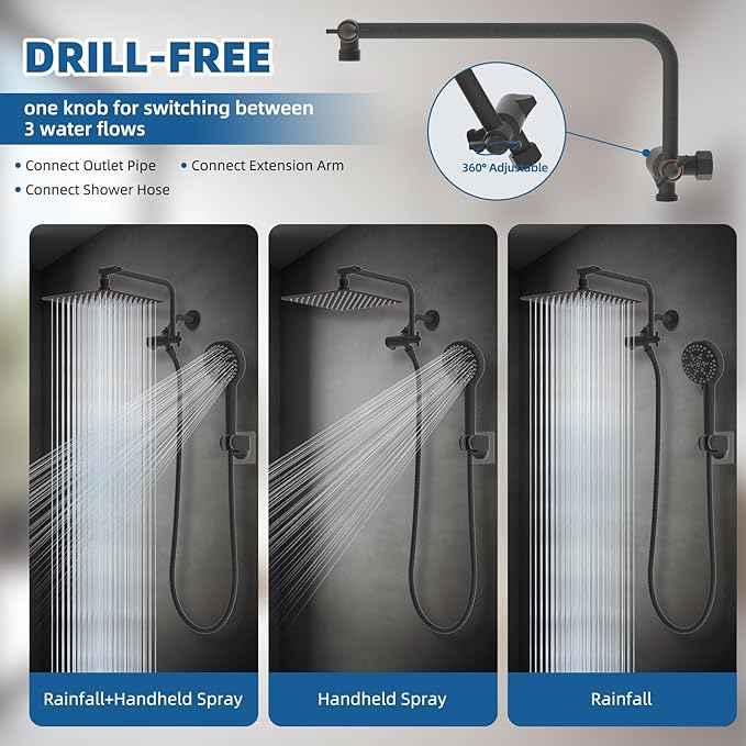12" All Metal Shower Head, High Pressure 10-Spray Handheld Showerhead Rainfall Shower Head Combo with 11" Adjustable Shower Extension Arm, 71" Hose, Shower Head Holder, Oil Rubbed Bronze