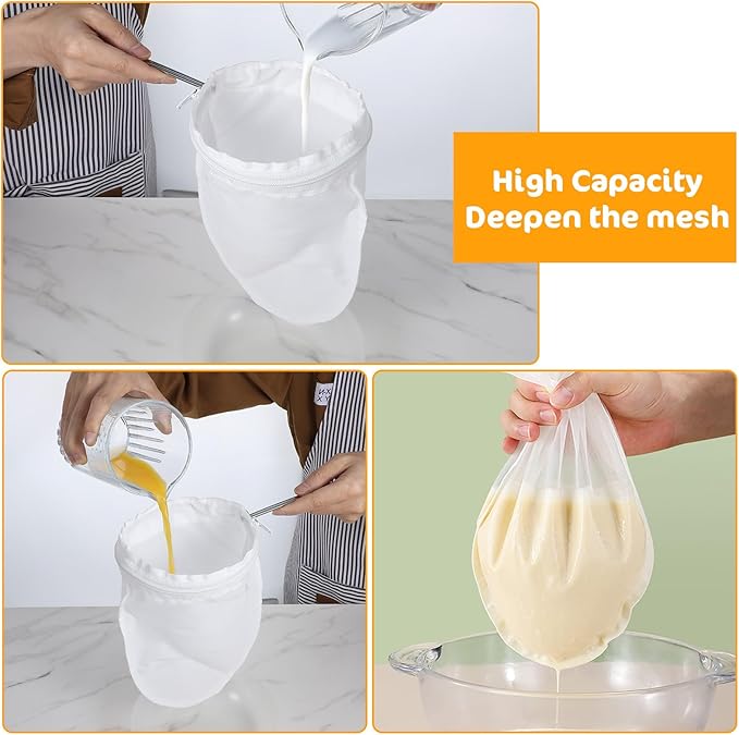 3Pcs Ultra Fine Mesh Strainer Bags, Reusable Cheese Cloth Bag for Straining with Stainless Steel Handle Reusable Nut Milk Bags for Nut Milk Coffee Juice Yogurt(Small Size)