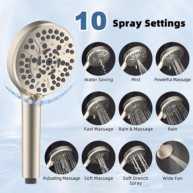 iFealClear Metal Rain Shower Head, 10” High Pressure Rainfall Shower Head with Handheld Spray Combo, 10-Spray Handheld Built-in Power Wash, 16" Shower Extension Arm, 3-Way Diverter, Brushed Nickel
