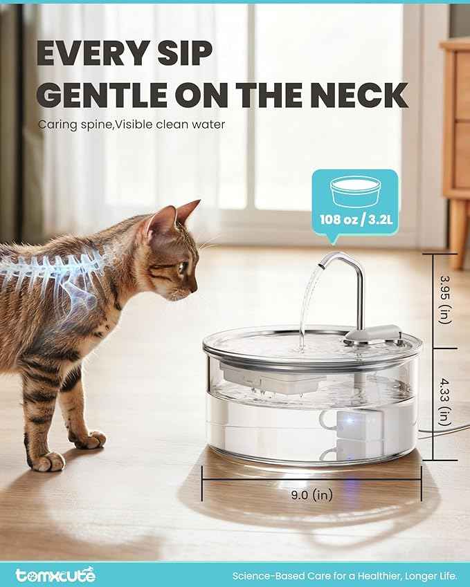 Tomxcute Glass Cat Water Fountain - 108oz/3.2L Ultra-Quiet Cat Fountain for Drinking, Elegant Easy to Clean Glass Pet Water Fountain for Cats, Small Dogs, Multiple Pets, Model Number P11G1
