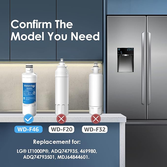 Waterdrop LT1000PC ADQ747935 MDJ64844601 Refrigerator Water Filter, Reduce chlorine, bad taste and odor, Replacement for LG® LT1000P®, ADQ74793501, ADQ74793502, Kenmore 46-9980, Pack of 3