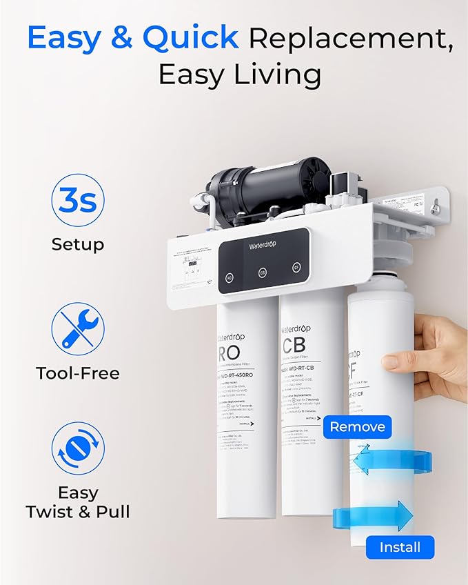 Waterdrop 𝐖𝐃-𝐓𝟑-𝐑𝐂 Replacement Filter 1-Year Combo, Pack of 2 CF Filters and 1 CB Filter, Replacement for 𝐖𝐃-𝐓𝟑-𝐂 Tankless Reverse Osmosis Water Filter System (𝟐*𝐂𝐅 + 𝟏*𝐂𝐁)