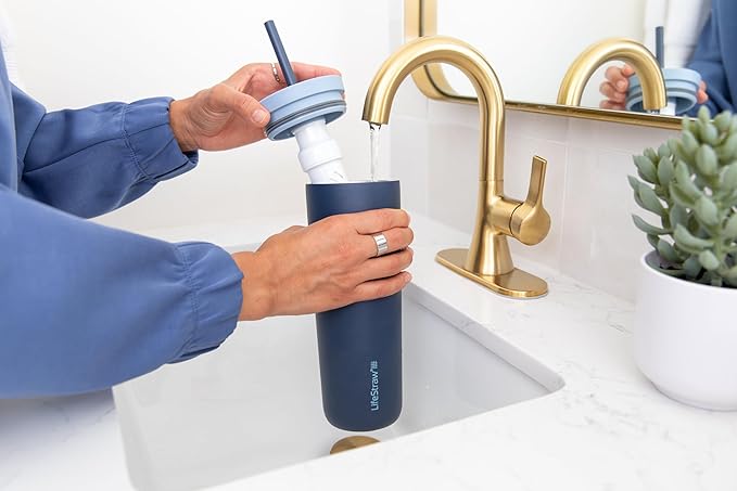 LifeStraw Go Series Tumbler – Double Wall Insulated Stainless Steel Water Filter, Icelandic Blue, Designed for Everyday Use, Removes Bacteria, Parasites, Microplastics, and Improves Taste