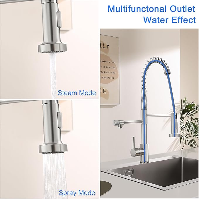 MENATT 3 in 1 Kitchen Faucet with Drinking Water Faucet, Pull Down Spring Single Handle 3 Way Kitchen Faucet Chrome, Water Filter Faucet for Kitchen Sink Bar (Without Water Filtration Device)