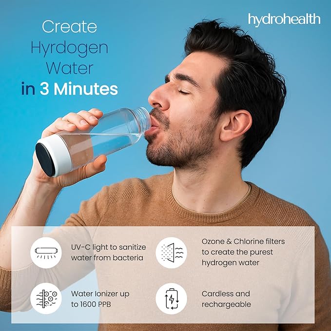 Hydrohealth Hydrogen Water Bottle for Kidney Health – 1600PPB Hydro Health Rechargeable Bottle with SPE/PEM Tech – Water Hydrogen for Daily Use | Turbocharge Energy, Strength & Metabolism