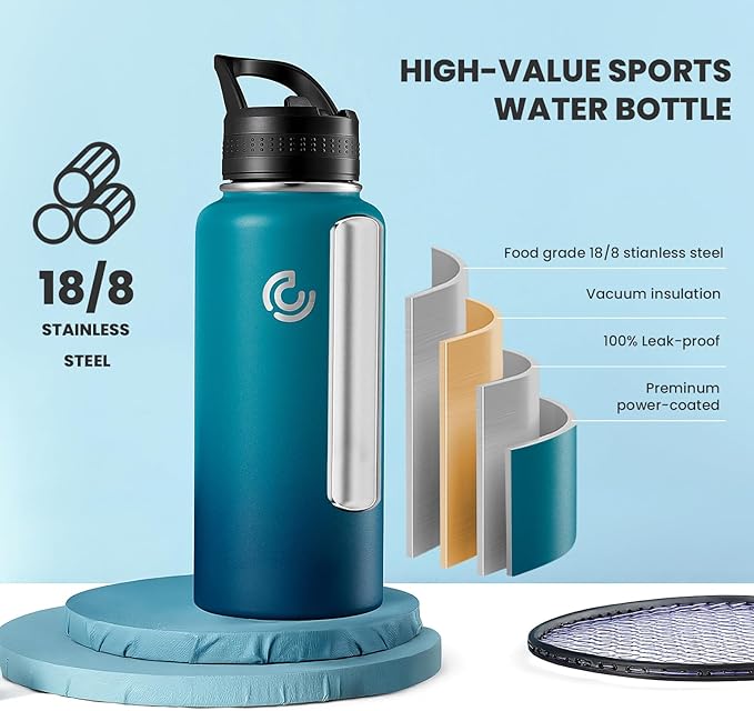 COKTIK 32oz Sports Water Bottle, Stainless Steel Water Bottle for Insulated, Reusable Travel Bottle, With Straw, With Handle Grip for Easy Carrying, Suitable for Cycling, Outdoor Vacations(Dark Night)