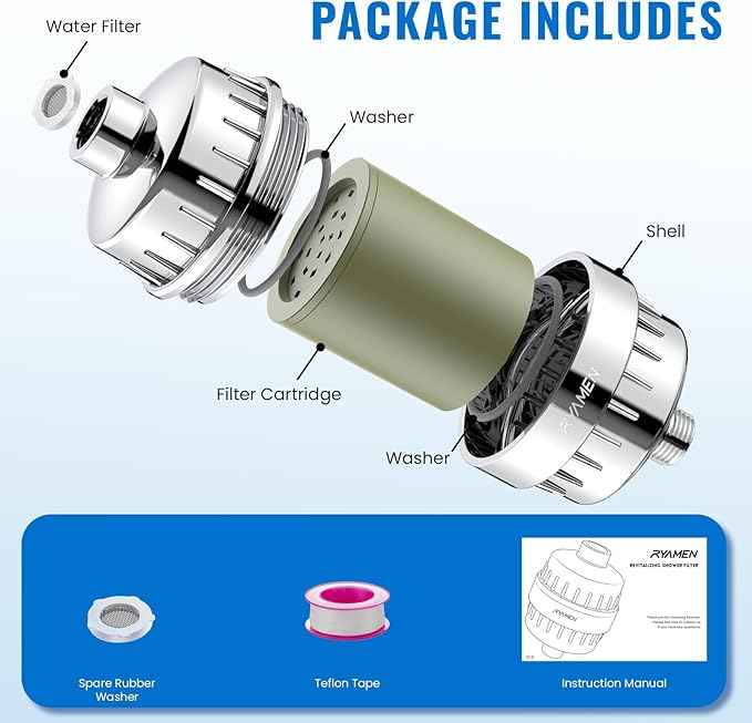 Ryamen Heavy Duty Shower Filter, Shower Water Filter, 99% REMOVAL Shower Head Filter for Hard Water, Heavy Metals, Chlorine (1 Cartridge, Silver) - AquaVibe