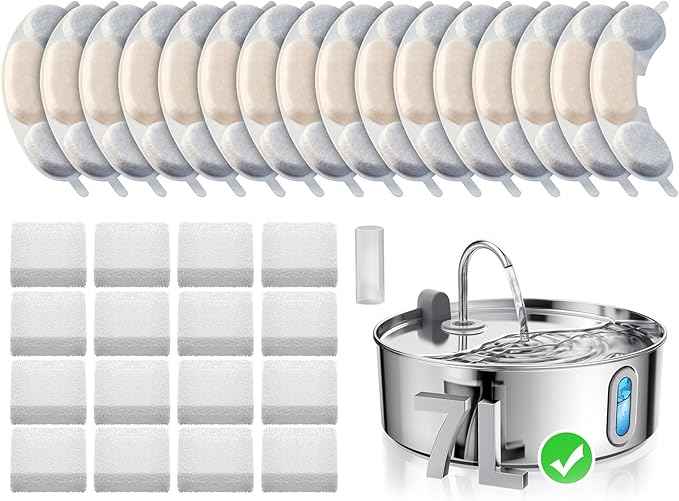 Official 16 Packs Dog Water Filter Replacement and 16 Sponges with 1 Pump Holder for 7L/236oz/1.8Gal Stainless Steel Dog Water Fountain